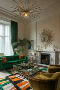Modern-Art-Deco-space-featuring-velvet-sofa-marble-fireplace-and-vintage-inspired-bar-cart-683x1024
