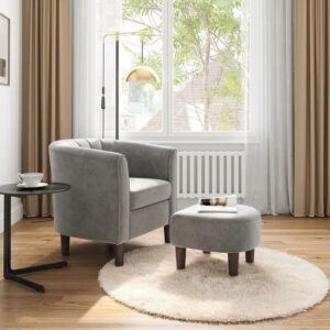 best-reading-chairs-for-sale-online-right-now-small-grey-barrel-back-armchair-with-included-ottoman-cozy