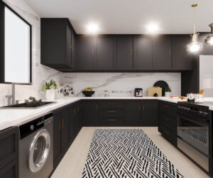 black-kitchen-with-patterned-rug