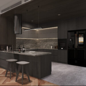 black-kitchen-with-textured-backsplash